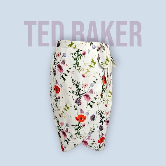 Ted Baker NWOT White Midi Skirt With Faux Waist Tie and Flowers Sz 1 4 - Picture 1 of 16
